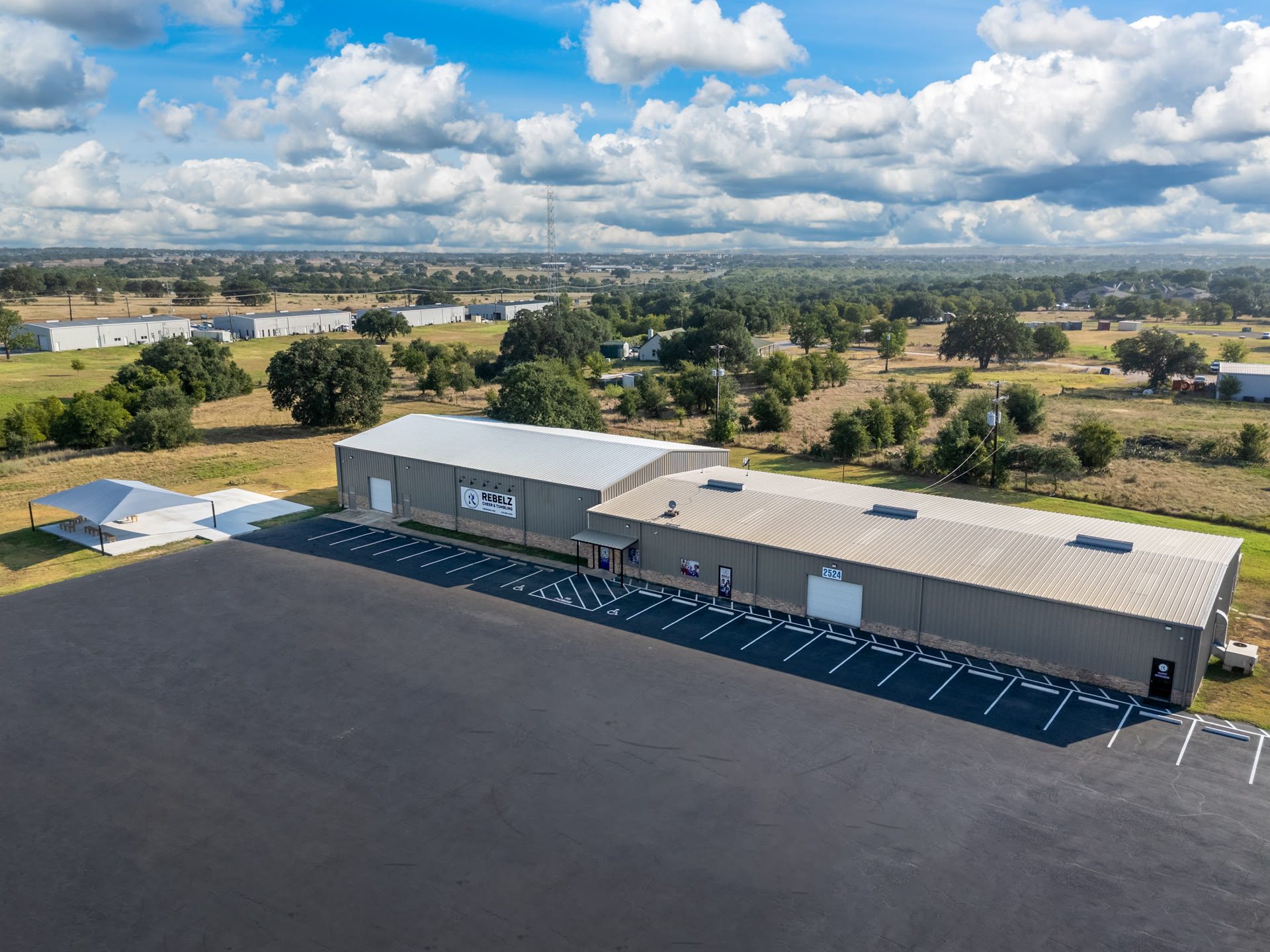 Freccia Construction commercial project, aerial exterior view, Austin Metro