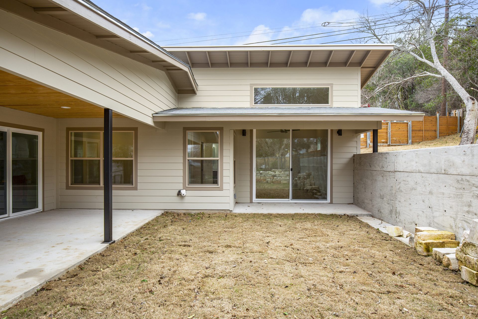 South Congress home addition, covered patio and sliding door exterior, Austin, TX