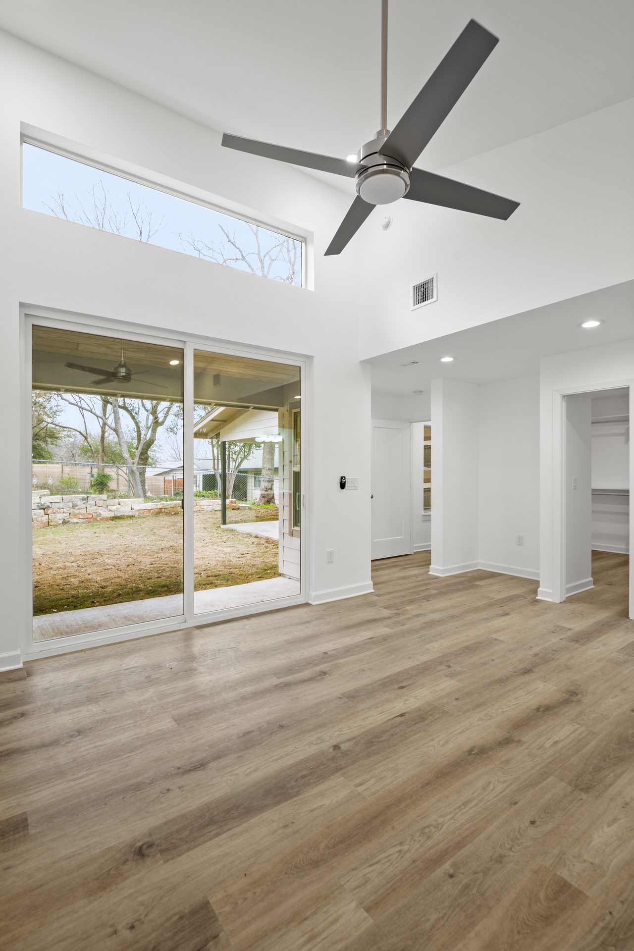 South Congress home addition, vaulted living space toward hallway and closet, Austin, TX