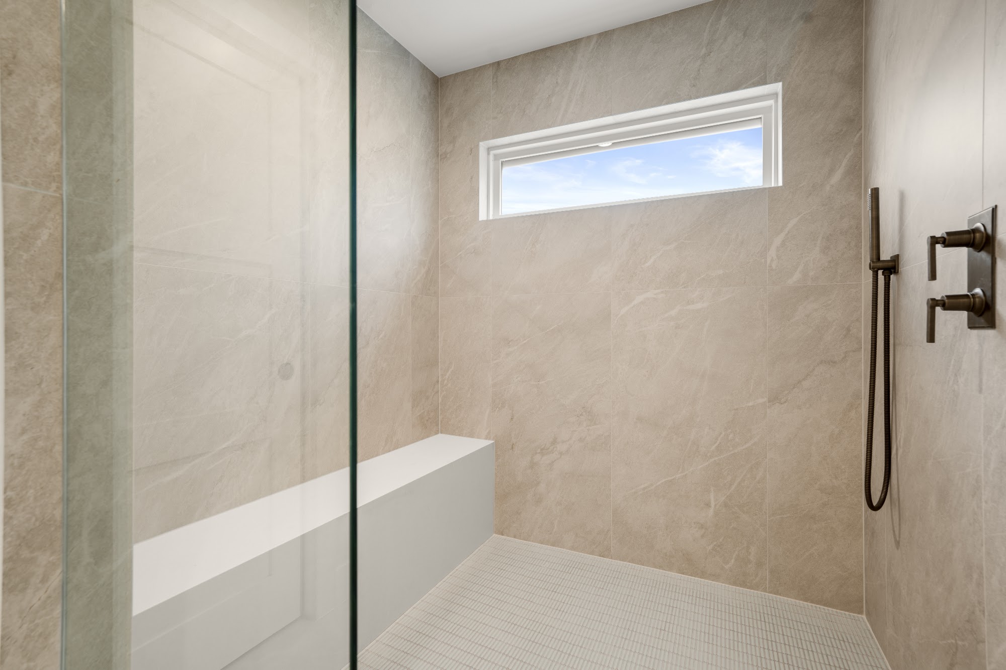 Castle Ridge finished walk-in shower with marble tile, Lost Creek, Austin, TX