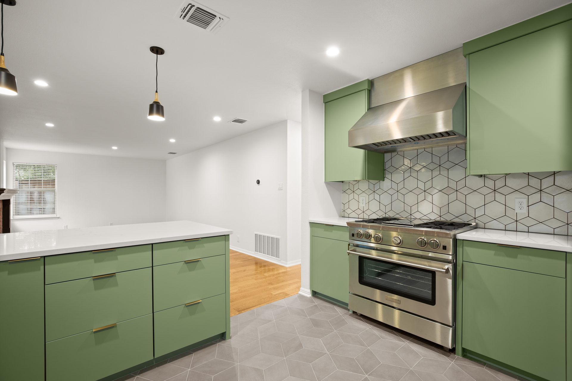 Anderson Mill (Los Indios) home renovation, kitchen range and hood detail, NW Austin, TX