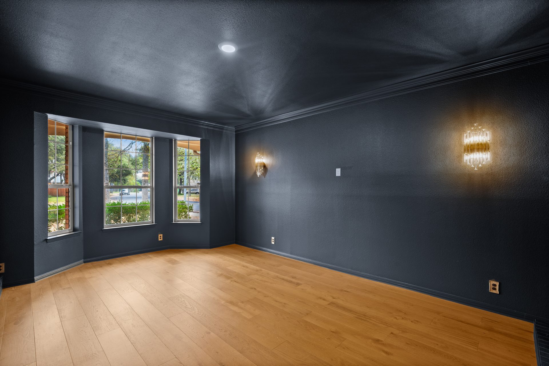 Anderson Mill (Los Indios) home renovation, formal navy dining room with bay window, NW Austin, TX