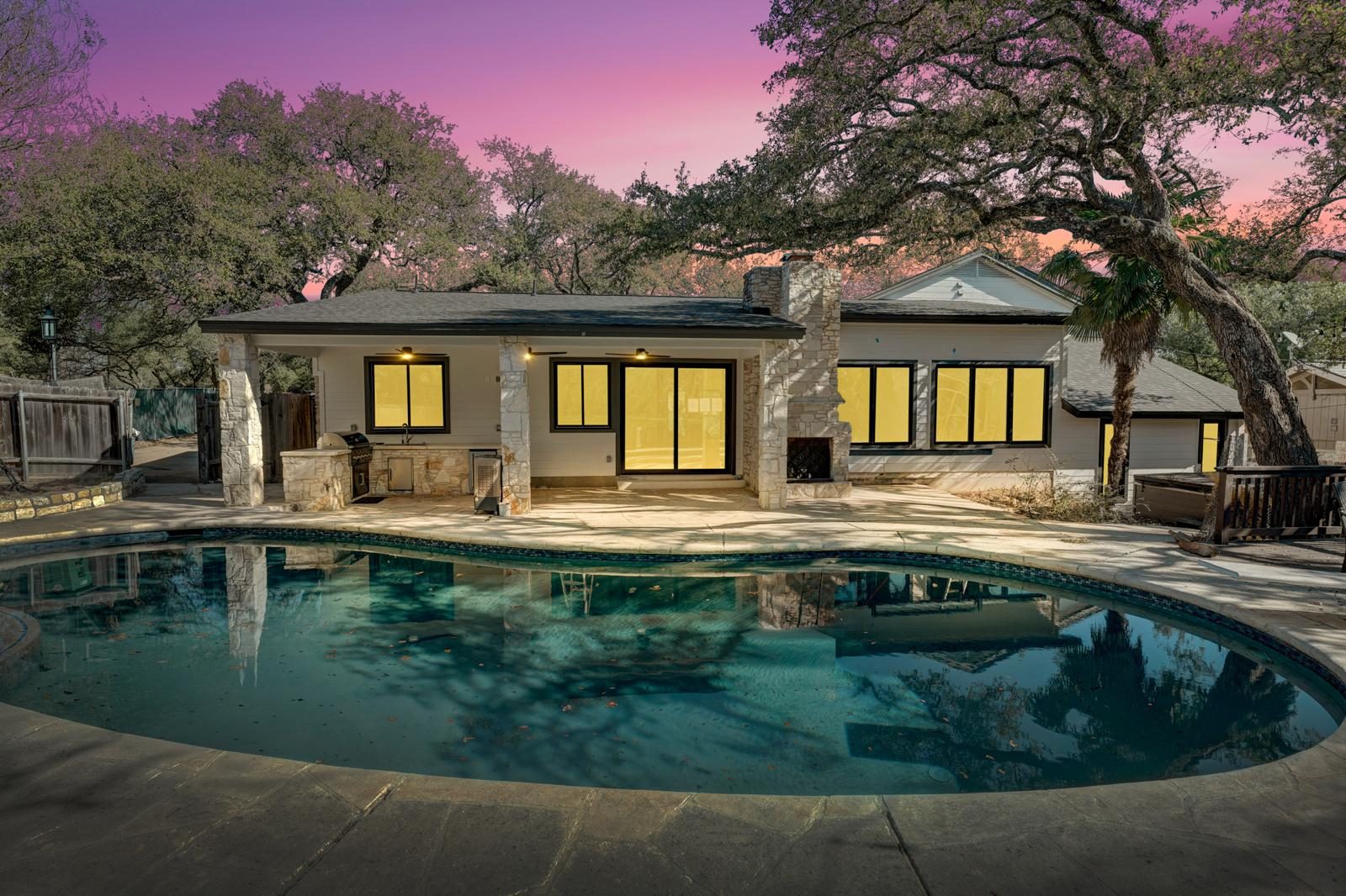 Mandeville finished full home renovation, twilight pool and patio, Anderson Mill, NW Austin, TX