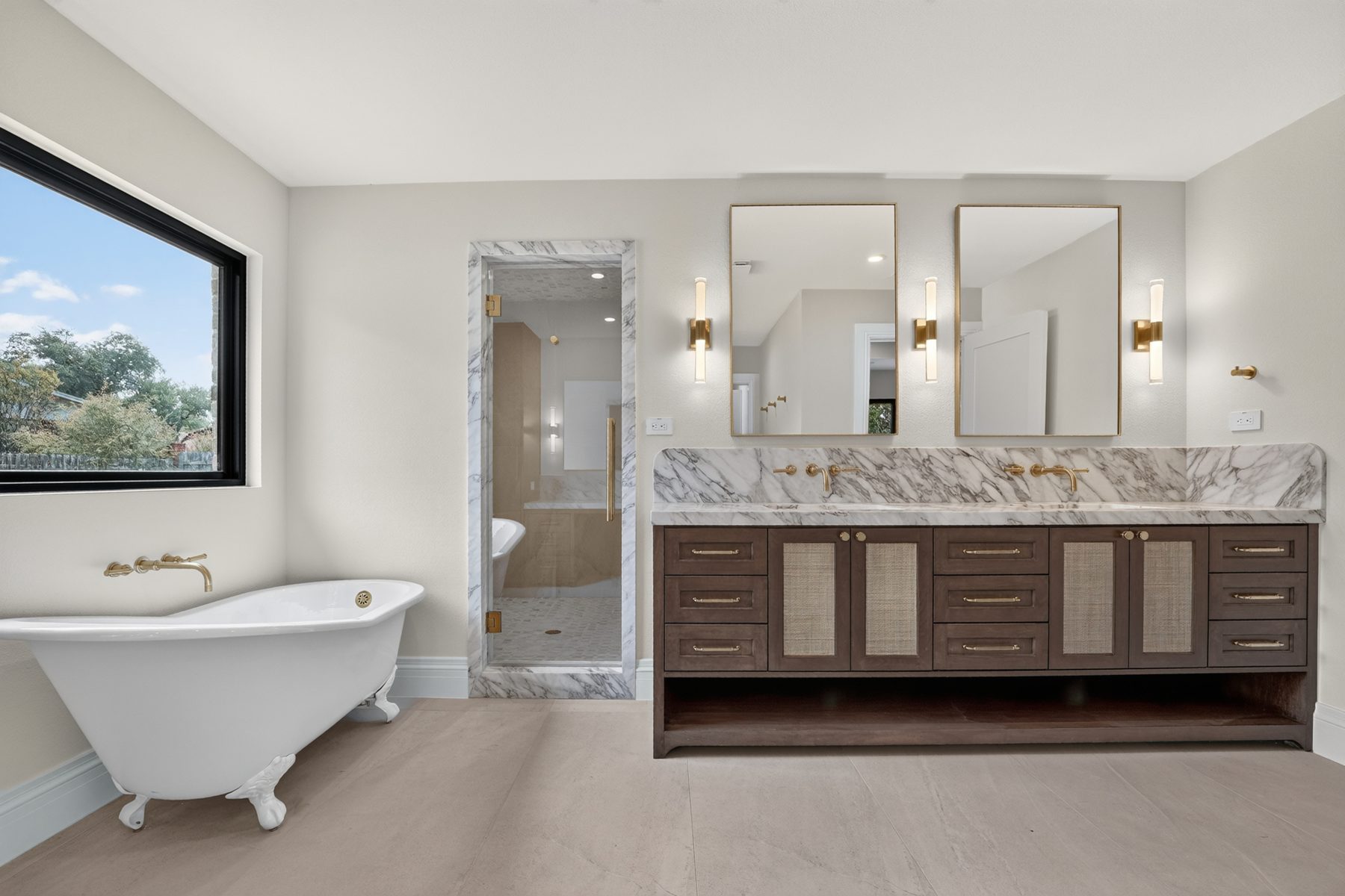Primary bathroom with freestanding tub and double vanity, North Austin, TX