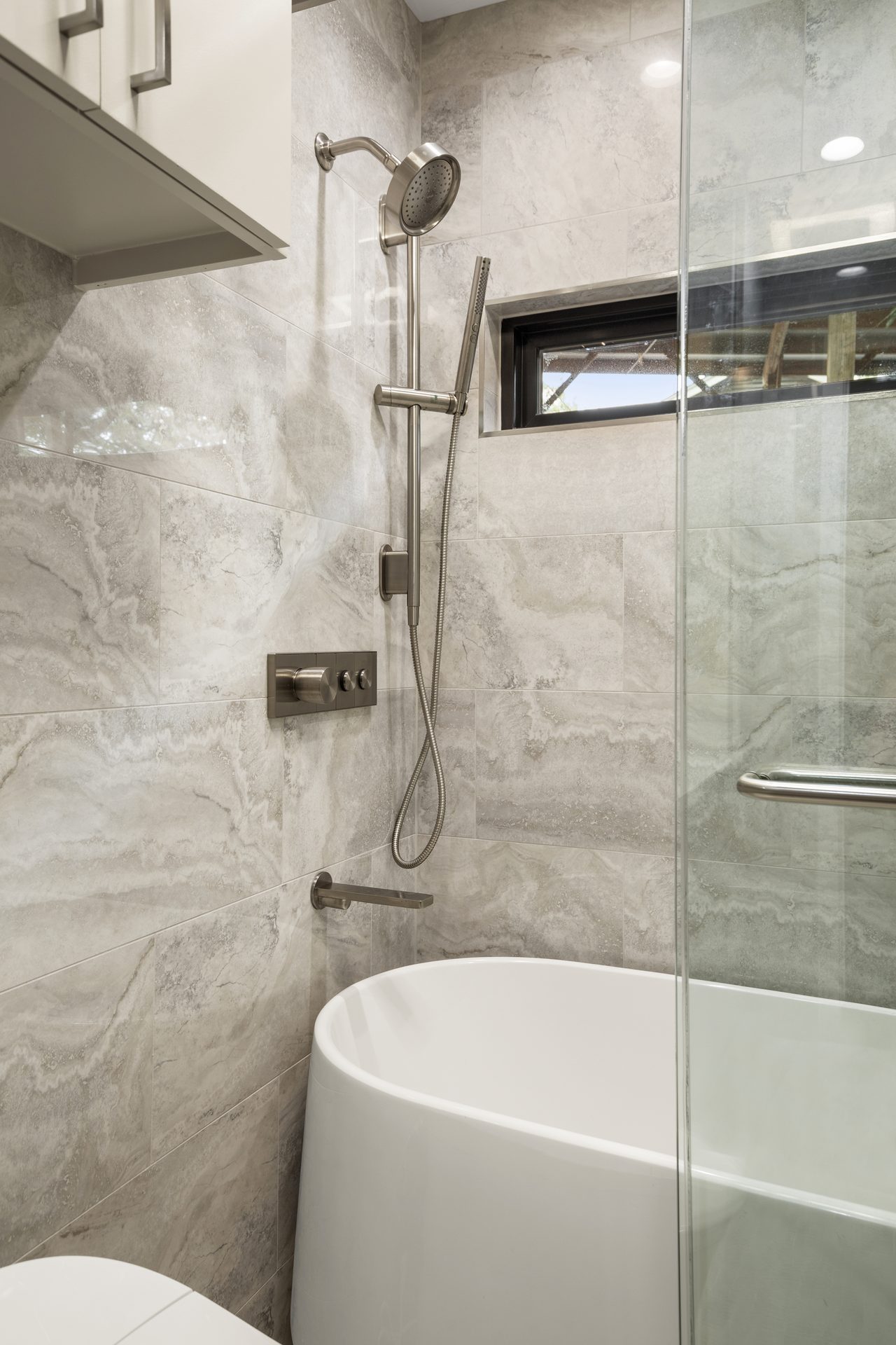 South Lamar bathroom remodel, shower fixtures and tub filler detail, Austin, TX