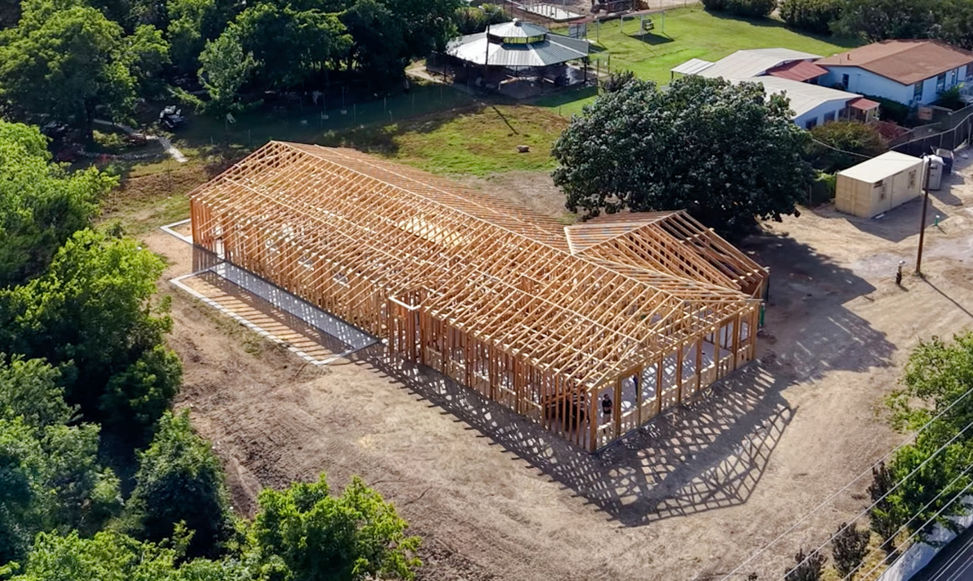 Leander Animal Shelter (formerly Tails of Hope / Central Texas SPCA) framing, aerial view, Freccia Construction Austin TX
