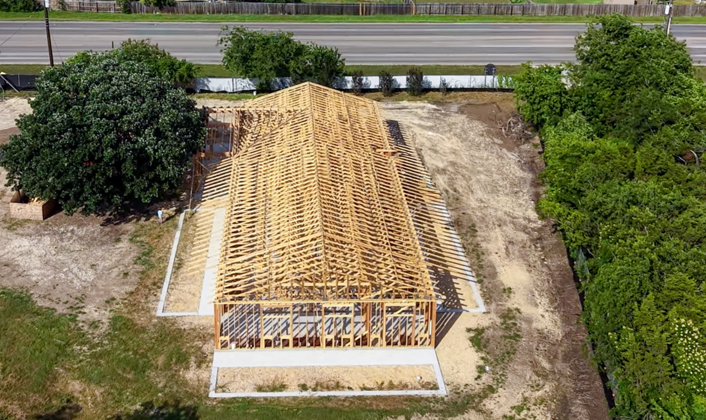 Leander Animal Shelter (formerly Tails of Hope / Central Texas SPCA) framing, aerial view, Freccia Construction Austin TX