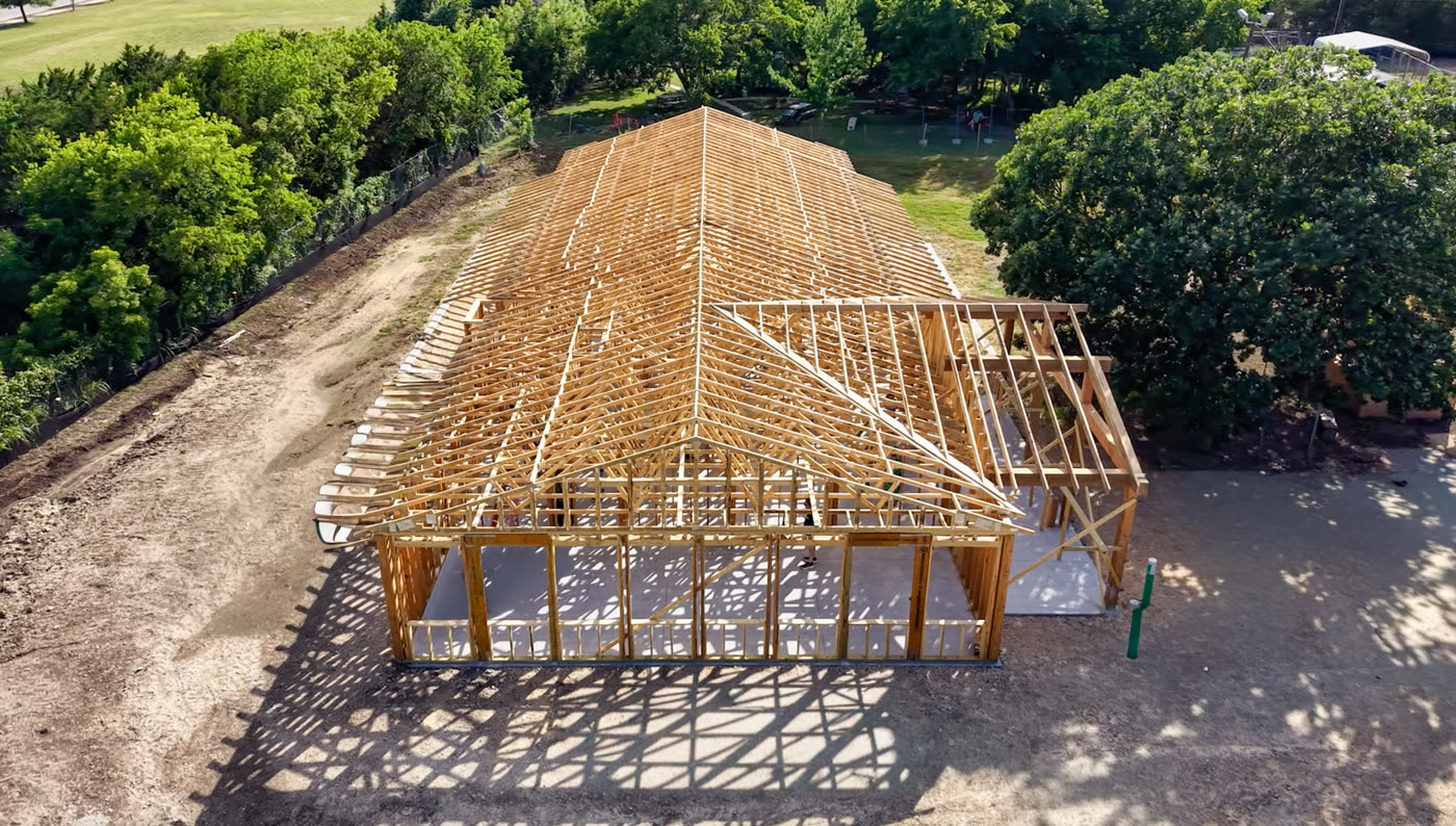 Leander Animal Shelter (formerly Tails of Hope / Central Texas SPCA) framing, aerial view, Freccia Construction Austin TX